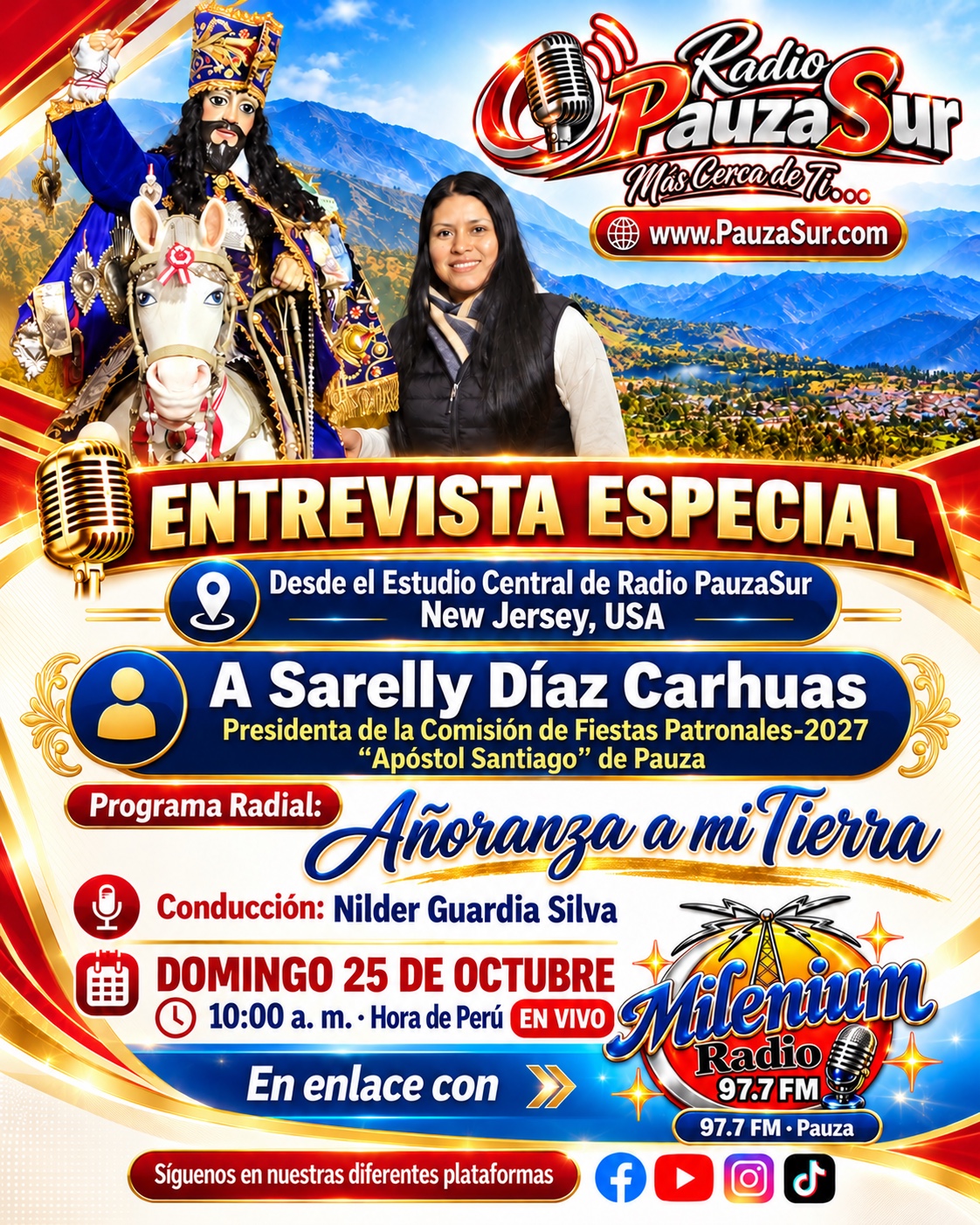 Flyer oficial: entrevista especial a Sarelly Díaz Carhuas, domingo 25 de octubre a las 10:00 a. m., hora de Perú