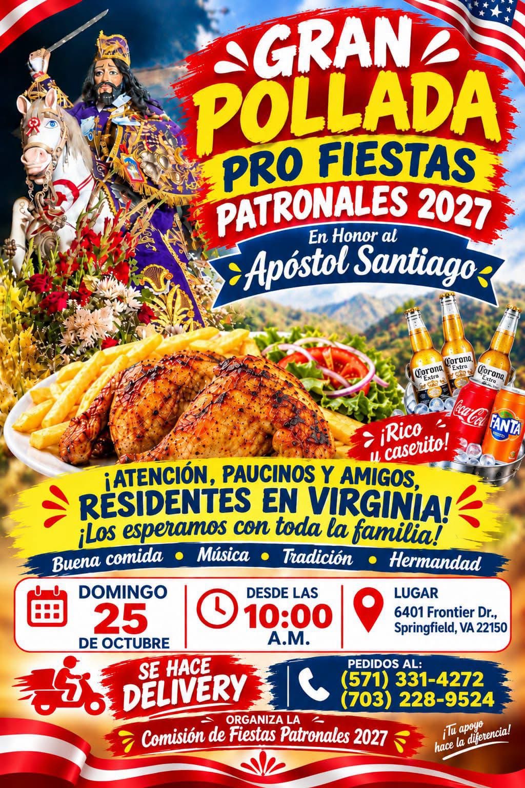 Flyer original de la gran pollada pro fiestas patronales 2027 en honor al Apóstol Santiago, domingo 25 de octubre en Virginia