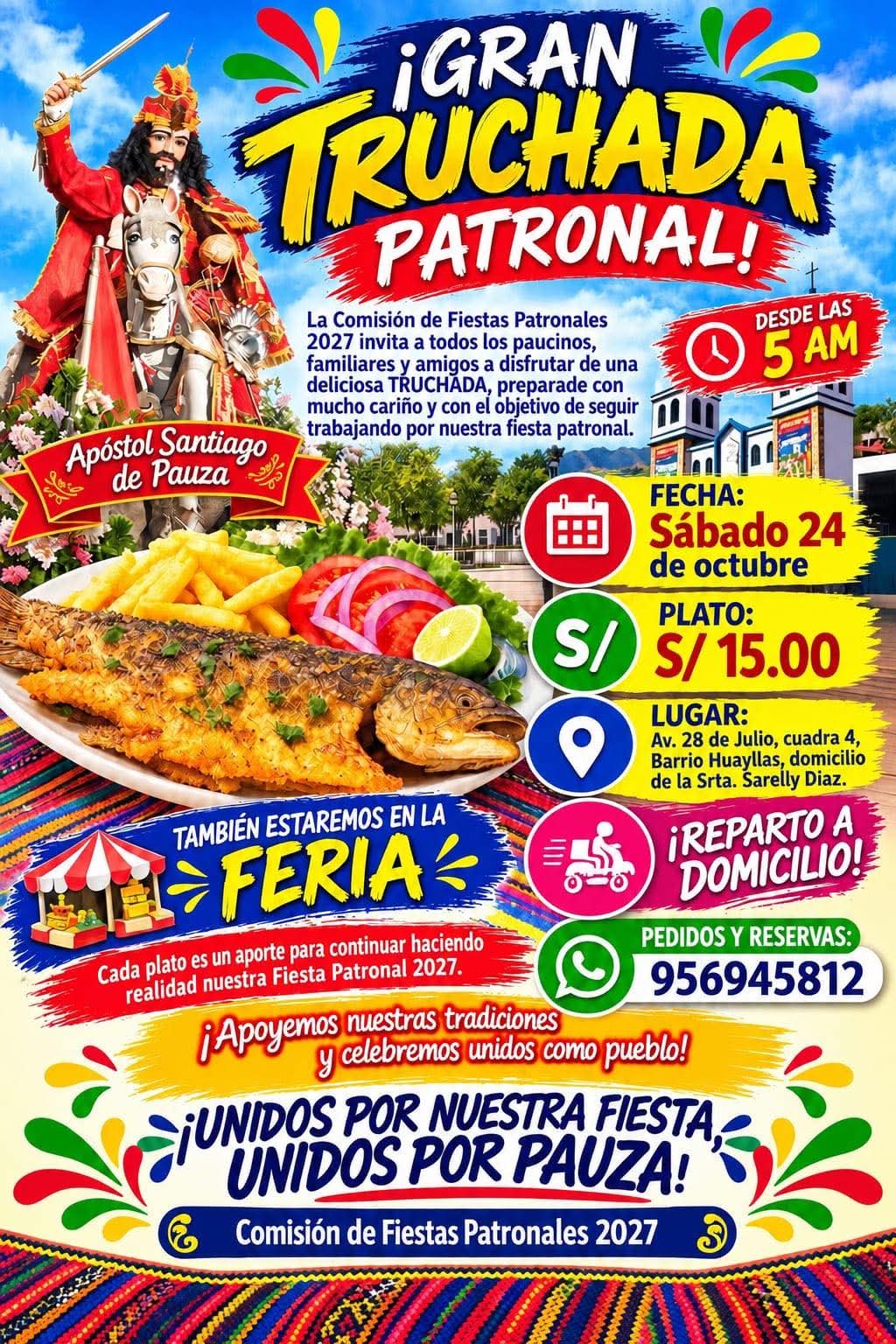 Flyer original de la gran truchada patronal en Pauza, sábado 24 de octubre desde las 5:00 a. m., plato a S/ 15